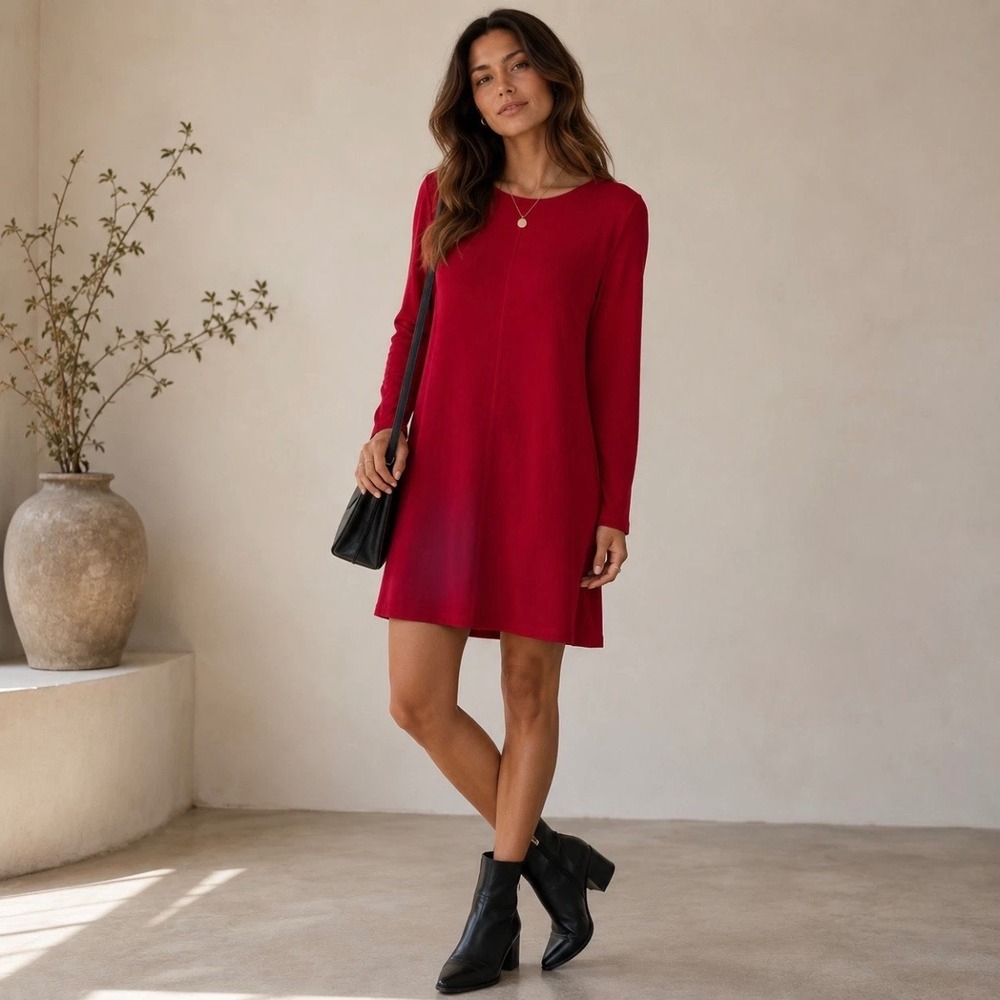 Eileen Fisher Petite Medium Raspberry Red Long Sleeve Tunic Side Slit Dress PM